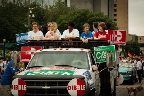 The DFL truck at Twin Cities Pride with Rep. Alice Hausman, Rep. Carly Melin, Rep. Rena Moran, Rep. Carolyn Laine, and Rep. Tina Liebling.